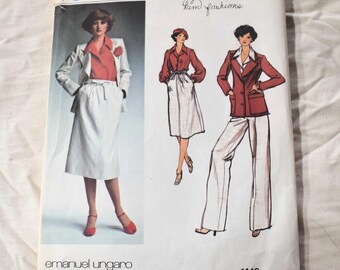 Maat 12, jaren 1970 Vogue 1449 Designer naaipatroon, jas mist, blouse, broek, rok Emanuel Ungaro