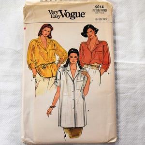 May include: A vintage sewing pattern for a shirt, featuring three women wearing different versions of the design. The pattern is labeled "Very Easy Vogue" and the number "9014".