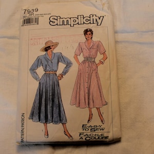 Patrón de costura Simplicity 7939, años 80, talla 14-20: vestido camisero con falda acampanada para señoras