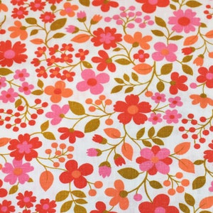Unused Vintage Linen Fabric White with Orange and Pink Flowers Linen Like Fabric Sold by the Half Yard