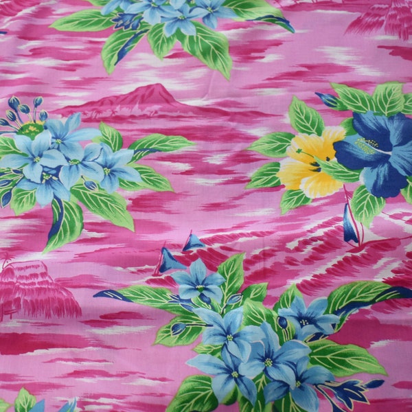 Unused Vintage Tropical Print Fabric Large Flowers in Blue and Yellow on Fuchsia Hot Pink and White Print Hawaiian Sold by the Half Yard