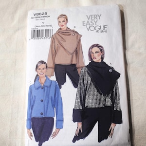 May include: A sewing pattern for a jacket with three different styles. The pattern is from Vogue Patterns and is labelled "Very Easy." The pattern number is V8625.