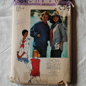 May include: Simplicity sewing pattern number 7564 for a small size 8-10 miss dress. The pattern includes instructions on how to sew with stripes. The cover features three models wearing different styles of dresses.