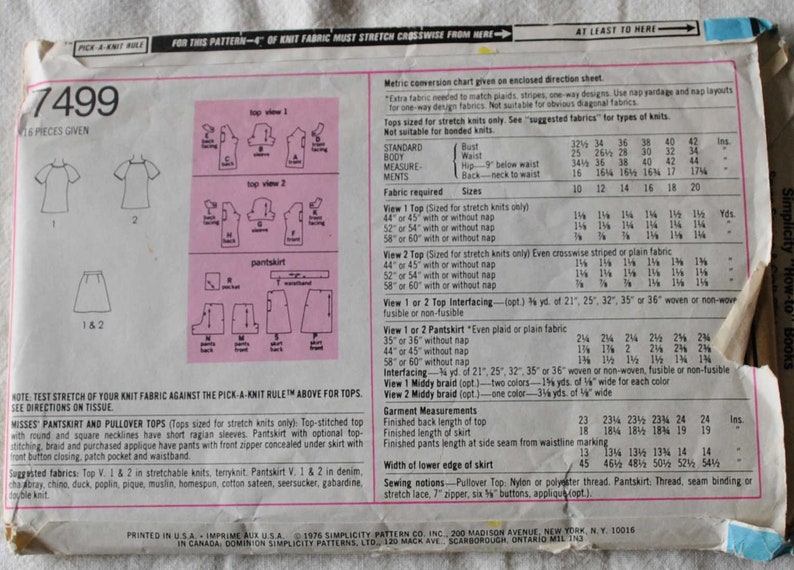 Size 14 Tennis Skirt Misses T Shirt Simplicity 7499 Sewing Pattern Vintage 1970s Shorts Culottes Mini Skirt Uncut Bust 36