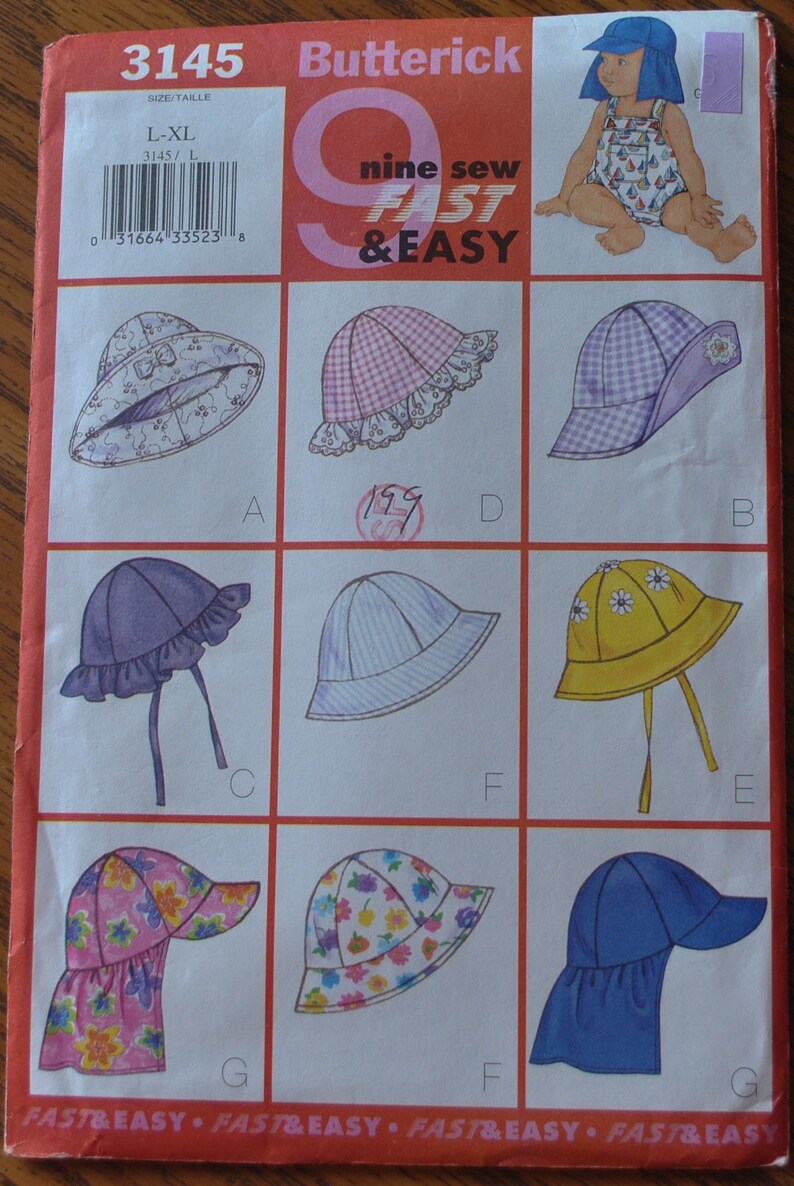 Butterick 3145 Sewing Pattern Features Nine Different Infant Hats and Romper UNCUT Size L XL
