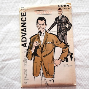 May include: An Advance sewing pattern envelope 9954 for a jacket, featuring illustrations of a tan blazer and a plaid jacket. The text includes Bishop Method, Advance, 9954, Chest 40, and Slacks Not Included. The envelope is tan with black text.