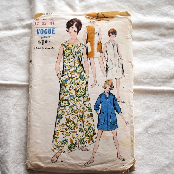 Size 12 Vintage 1960s Vogue 6180 Sewing Pattern Misses Robe Beach Cover Cruise Wear Lounge Wear Bust 32