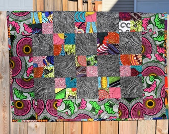 Handmade African Dutch Wax Fabric Patchwork Quilt, Fuchsia Baby Blanket