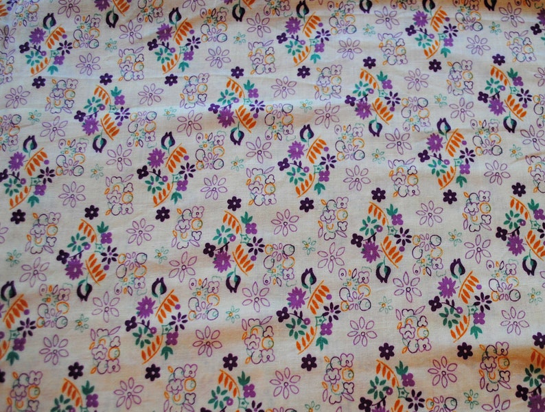 Unused Vintage Cream Off White Cotton Fabric with Purple image 0