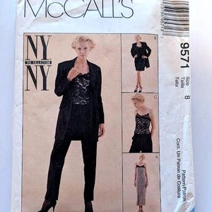 Size 8 UNCUT 1990s McCalls 9571 Sewing Pattern, Misses Strap Dress, Top Long Jacket, Pants Bust 32"