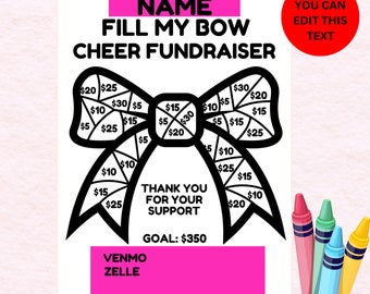 Wypełnij moją zbiórkę pieniędzy Bow Cheer, szablon Canva, zbiórka pieniędzy Cheerleading, sponsoruj zbiórkę pieniędzy Cheer Bow School Cheer, zbiórka pieniędzy Bow do wydrukowania