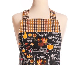 Chalkboard Thanksgiving with Gingham Accent-Bib Style Apron-Full Coverage- Adjustable Strap-Large Center Pocket-White Top Stitch