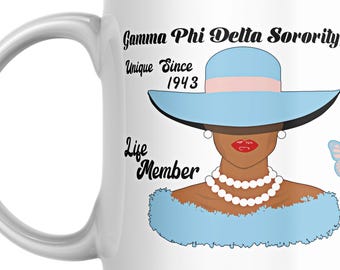 Gamma Phi Delta Sorority Elegant Lady in Pearls Life Member Mug, Gamma Phi Delta Sorority Life Member Coffee Cup