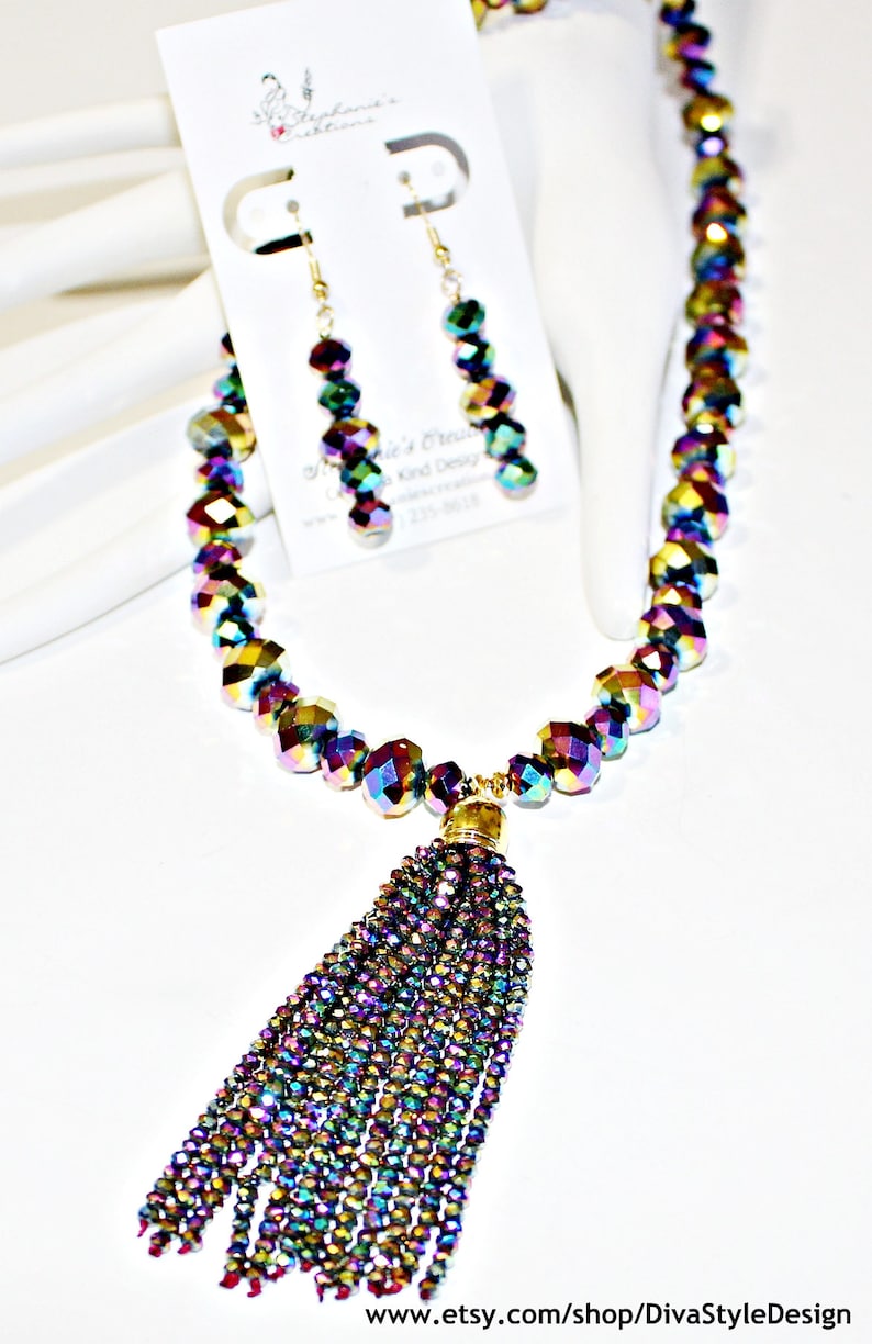 Crystal Tassel Necklace Purple Tassel Necklace Set Crystal Necklace Tassel Crystal Necklace Iridescent Peacock Blue Tassel Necklace