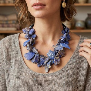Collar llamativo de jaspe púrpura, conjunto de collar de losa de piedra preciosa púrpura. imagen 1