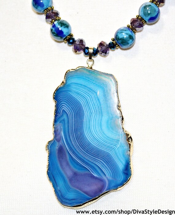 Blue Agate Necklace Pendant Statement - Blue Agate Pendant Necklace