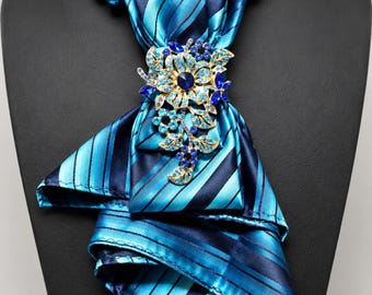 Turquoise and Navy Blue Tie Necklace with Jeweled Floral Brooch