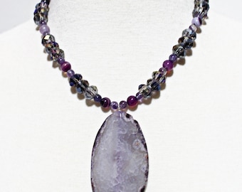 Purple Agate Gemstone Pendant Necklace, Purple Gemstone Necklace