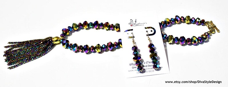 Crystal Tassel Necklace Purple Tassel Necklace Set Crystal Necklace Tassel Crystal Necklace Iridescent Peacock Blue Tassel Necklace