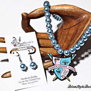 Baby Blue Pearl Necklace designed with a Gamma Phi Delta Shield Pendant, Gamma Phi Delta Sorority Paraphernalia