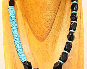 Carved Turquoise Magesite and Black Onyx Statement Necklace, Onyx and Carved Turquoise Necklace Set