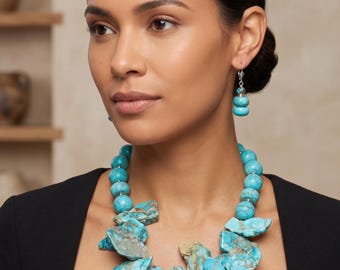 Jasper Statement Necklace Set, Chunky Blue Jasper Necklace and Earring Set