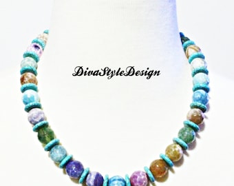 Multi-Color Agate & Turquoise Statement Necklace, Agate Necklace, Agate and Turquoise Necklace, Colorful Necklace, Agate Necklace for Women