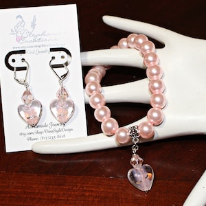 Blown Glass Lampwork Heart Bracelet Set, Pink Pearl and Heart Blown Glass Lampwork Bead Bracelet Set, GPD Pink  Pink Wedding Bracelet Set