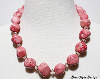 Pink Magnesite Necklace Set, Pink Gemstone Necklace, Pink Jewelry Set