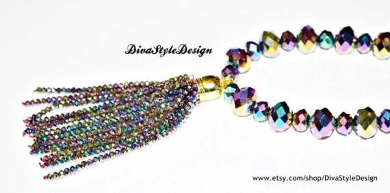 Crystal Tassel Necklace Purple Tassel Necklace Set Crystal Necklace Tassel Crystal Necklace Iridescent Peacock Blue Tassel Necklace
