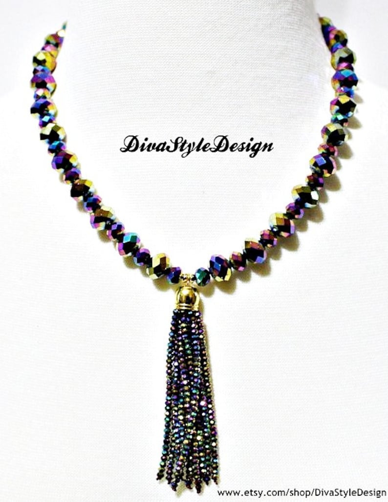 Crystal Tassel Necklace Purple Tassel Necklace Set Crystal Necklace Tassel Crystal Necklace Iridescent Peacock Blue Tassel Necklace