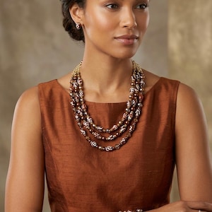 Tibetan Dzi Agate Multi Strand Necklace Set, Bronze Faceted Crystal Earrings