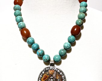 Bold Statement Necklace with Jasper, Turquoise, and Amber Gemstones, Natural Jasper Pendant Necklace in  Sterling Silver, Pendant Necklace