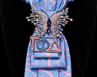 Gamma Phi Delta Sorority Blue & Pink Butterfly Tie Necklace, Pearl Statement Necklace, Rhinestone Brooch Necktie, Women’s Statement Jewelry