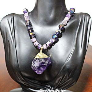 Amethyst Pendant Beaded Necklace, Amethyst Necklace Set, Raw Amethyst Pendant Necklace
