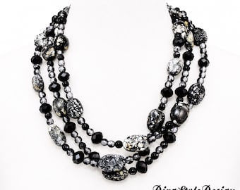 Tourmaline & Black Obsidian Statement Necklace Set, Handmade Multi-Strand Gemstone Necklace with Matching Earrings