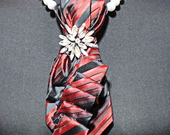 Red and Black Tie Necklace with Pearl Strand and Rhinestone Brooch