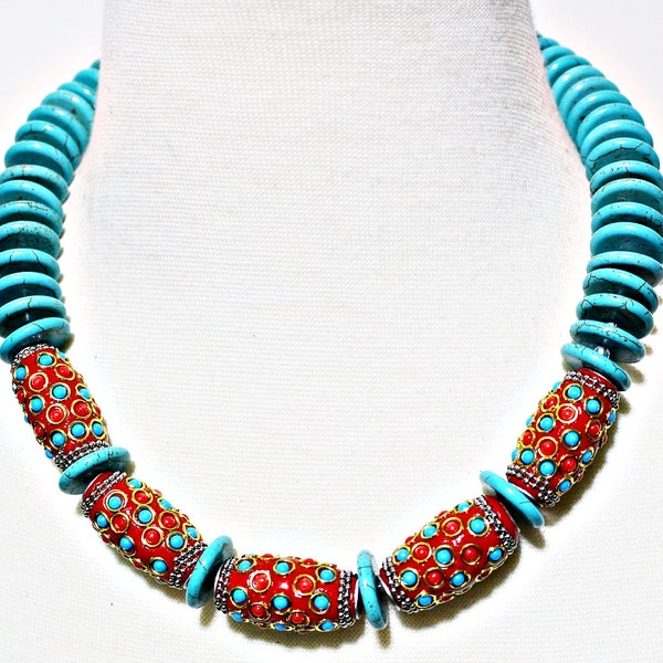 Turquiose with Tibetan Style Handmade Beads Necklace, Turquoise Statement Necklace, Tibetan Style Barrell Necklace