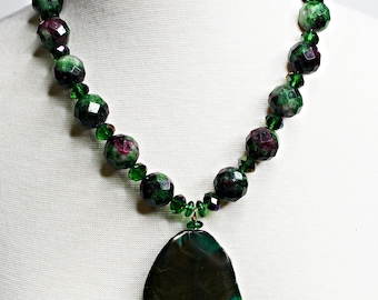 Ruby-Zoisite Gemstone Necklace with Malachite Gemstone Pendant, Gemstone Statement Necklace, Malachite Pendant, Ruby-Zoisite Necklace