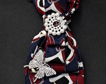 Handmade Pearl Tie Necklace with Rhinestone Butterfly Brooch, Burgundy Navy Statement Jewelry,  Unique Gift for Her