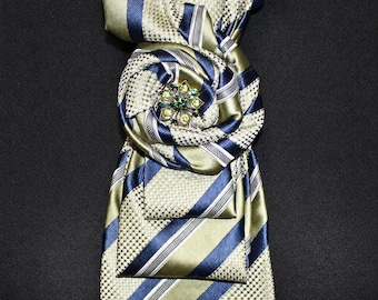 Upcycled Tie Necklace, Green Navy Blue Stripe, Fabric Rosette, Statement Jewelry