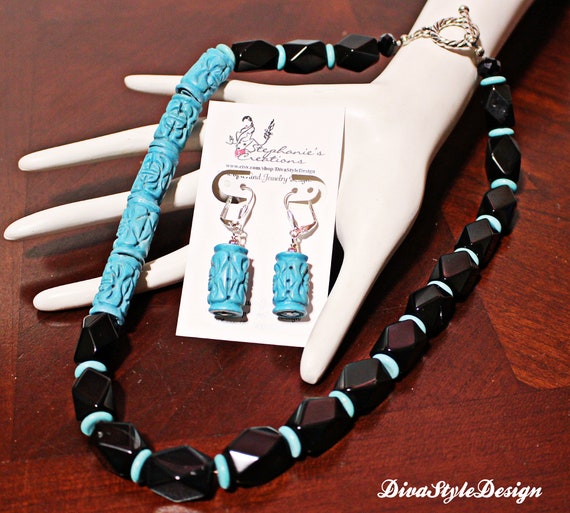 Carved Turquoise Magesite and Black Onyx Statement Necklace, Onyx
