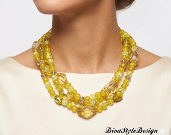 Golden Glow Statement Necklace Set – 3 Strand Yellow Quartz & Crystal Necklace with Matching Earrings
