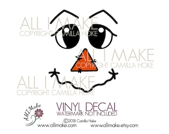 May include: A black and white line drawing of a cartoon face with a triangle nose, eyebrows, and eyes. The nose is orange. The text "ALL I MAKE COPYRIGHT CAMILLA HOKE" appears three times on the image. The text "VINYL DECAL WATERMARK NOT INCLUDED ©2018 Camilla Hoke www.allimake.com www.allimake.etsy.com" appears at the bottom of the image.
