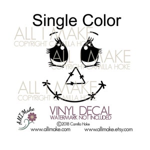 May include: Black and white single-color vinyl decal of a cartoon face with large eyes, a triangle nose, and a stitched smile. The decal is for crafting and includes the text "ALL I MAKE" and "VINYL DECAL".