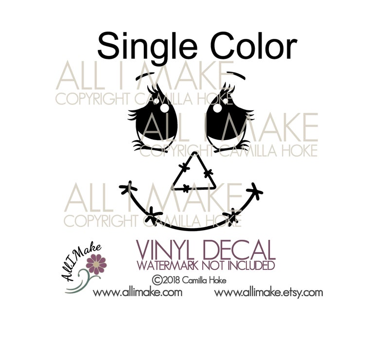 May include: Black and white single-color vinyl decal of a cartoon face with large eyes, a triangle nose, and a stitched smile. The decal is for crafting and includes the text "ALL I MAKE" and "VINYL DECAL".