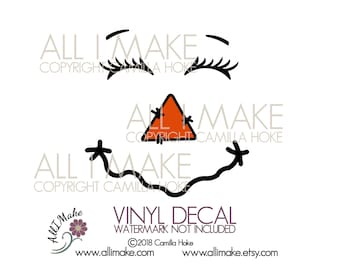 May include: A black and white vinyl decal of a smiling face with a triangle nose. The text "ALL I MAKE" is repeated three times with the copyright information "COPYRIGHT CAMILLA HOKE". The text "VINYL DECAL" is in purple with the text "WATERMARK NOT INCLUDED" below it. The text "©2018 Camilla Hoke" is below that. The text "www.allimake.com" and "www.allimake.etsy.com" are at the bottom of the image.
