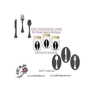 May include: A digital illustration showing how to store silverware in mason jars. The image shows three mason jars with lids, each containing a different utensil: a fork, a knife, and a spoon. The text "ADD TO MASON JARS for silverware storage" is above the jars. The text "Great for parties" is below the jars. The image also shows a fork, knife, and spoon in separate circles.