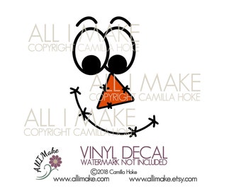 May include: A black and white line drawing of a smiling face with large eyes and a triangular nose. The text "ALL I MAKE COPYRIGHT CAMILLA HOKE" appears three times around the image. Below the face, the text "VINYL DECAL WATERMARK NOT INCLUDED ©2018 Camilla Hoke www.allimake.com www.allimake.etsy.com" appears.