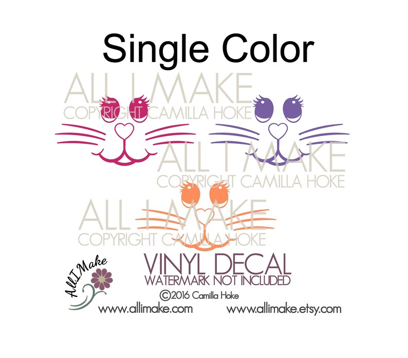 May include: Three single-color cat face vinyl decals in pink, purple, and orange. The decals feature a heart nose, eyelashes, and whiskers. The text "VINYL DECAL WATERMARK NOT INCLUDED &copy;2016 Camilla Hoke www.allimake.com www.allimake.etsy.com" is at the bottom of the image.
